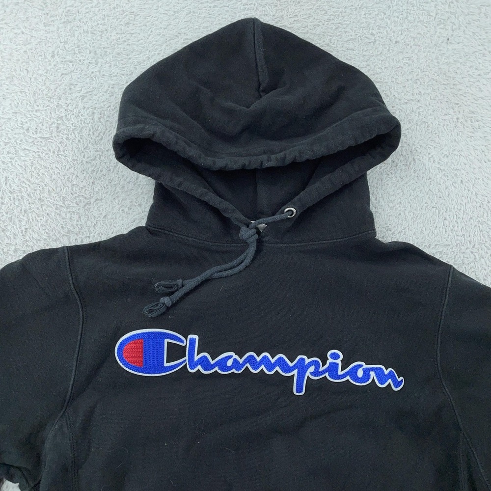 Champion‎ Reverse Weave Hoodie CROP FIT Small Black Script Pullover Sweatshirt